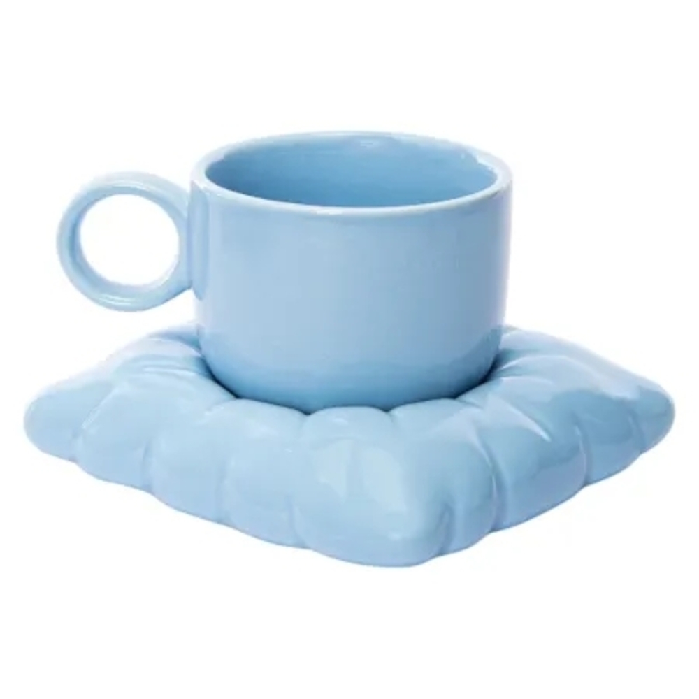 Light Blue Ceramic Cup with Pillow Saucer